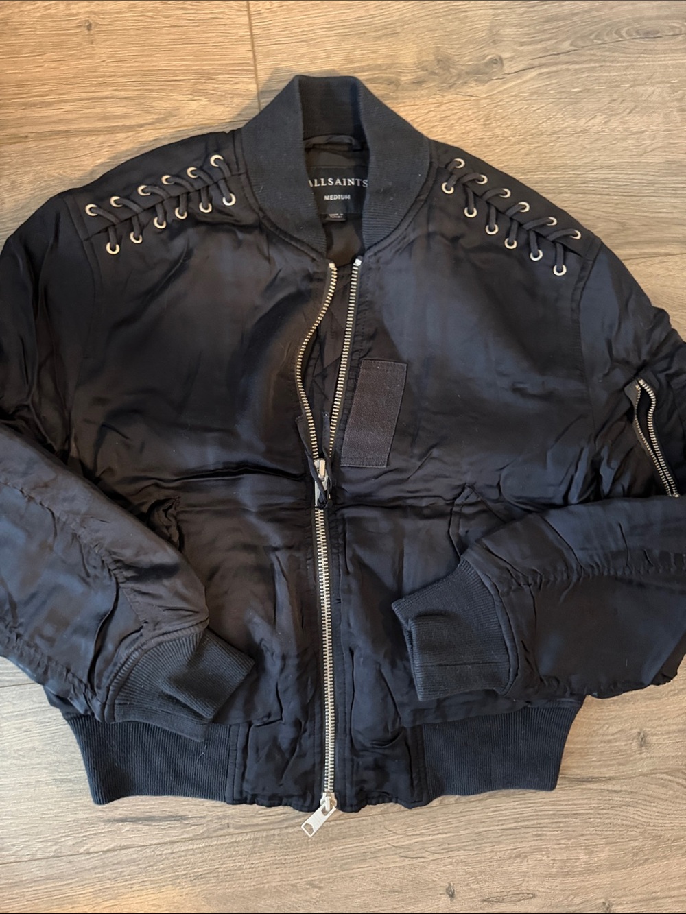 AllSaints Dark Blue Navy Lace-Up Bomber Jacket